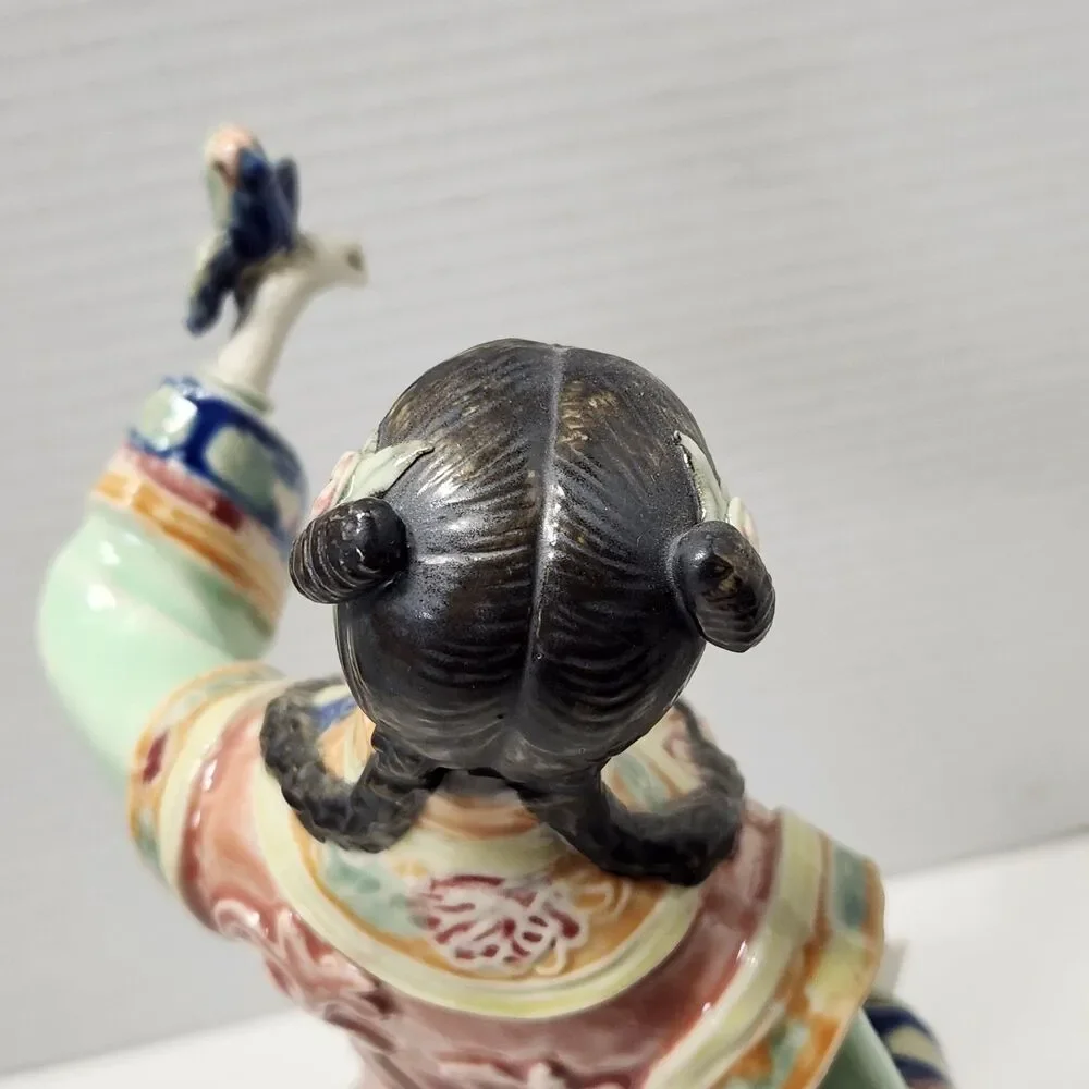 Vintage Chinese Shiwan Porcelain Lady Statue Songbird & Feeding Bowl Figurine